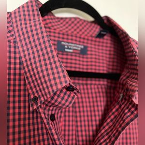 Great red and navy check button down